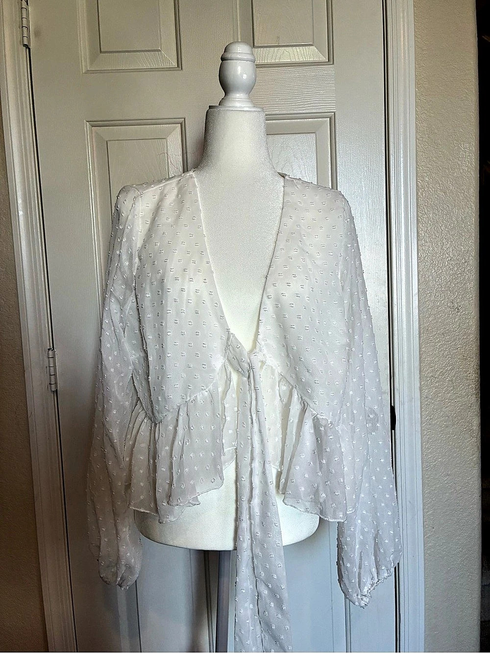 Swiss Dot Tie Front Peplum Blouse White 2XL